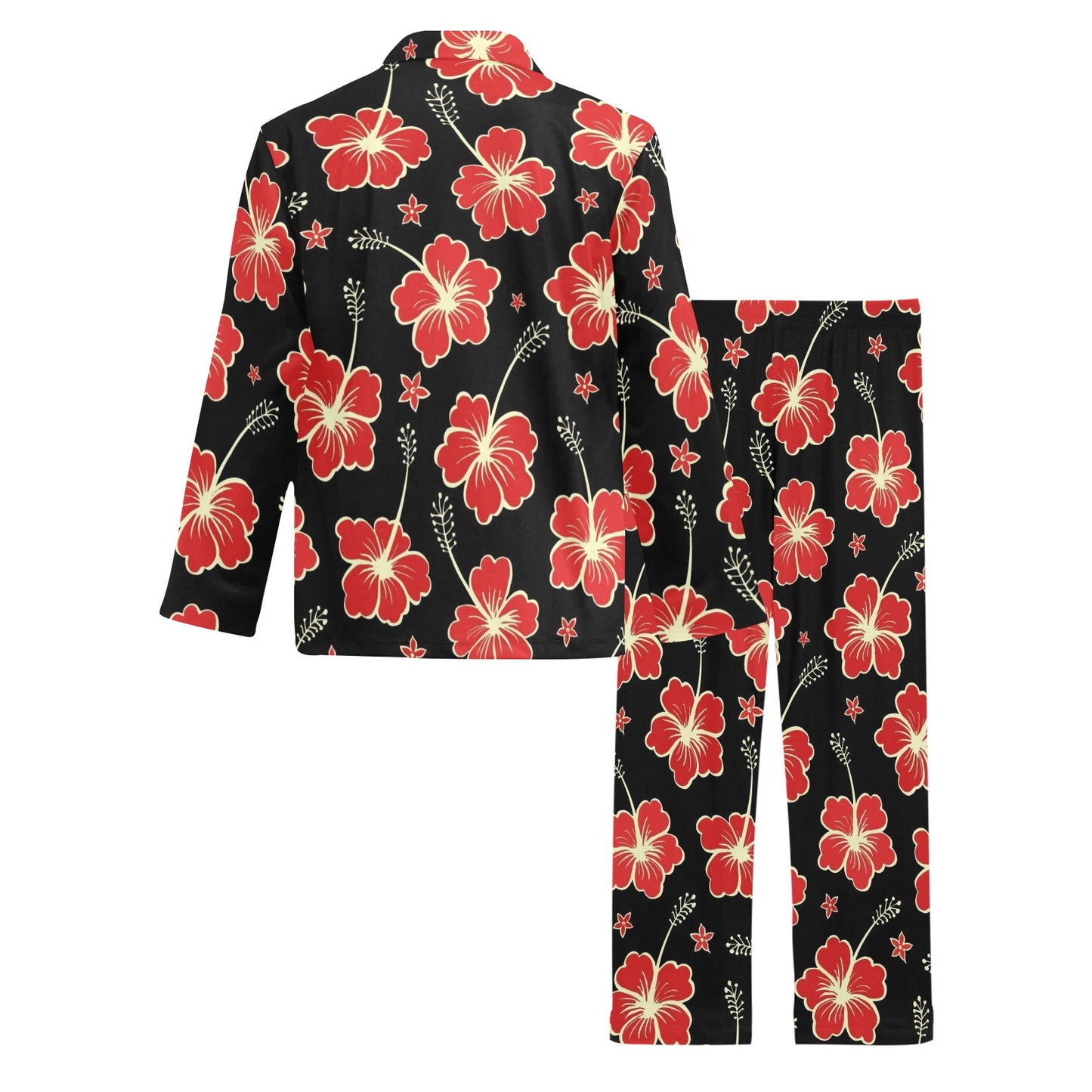 Red Hibiscus Pattern Print Design HB021 Men's Long Pajama Set