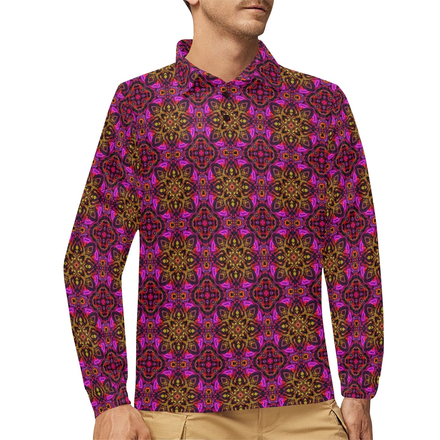kaleidoscope Abstract Print Design Long Sleeve Polo Shirt For Men's