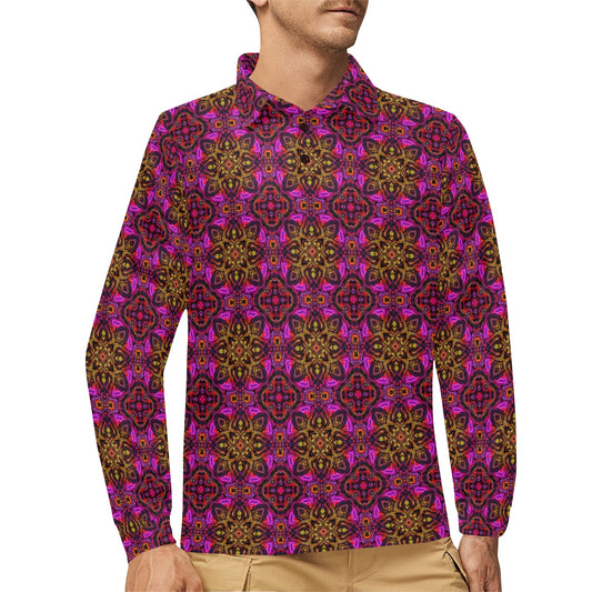 kaleidoscope Abstract Print Design Long Sleeve Polo Shirt For Men's
