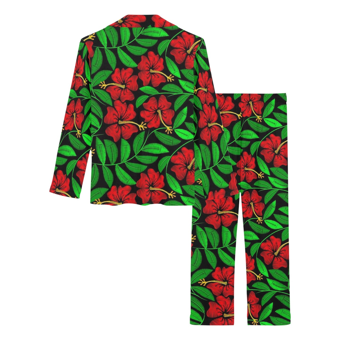Red Hibiscus Embroidered Pattern Print Design HB032 Women's Long Pajama Set