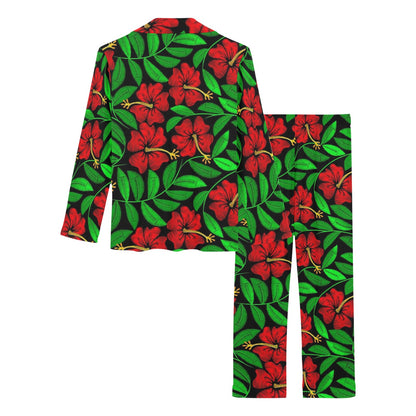 Red Hibiscus Embroidered Pattern Print Design HB032 Women's Long Pajama Set