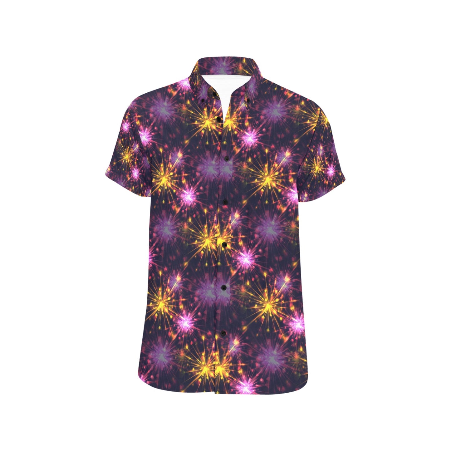 Firework Print Design LKS303 Men Short Sleeve Button Up Shirt