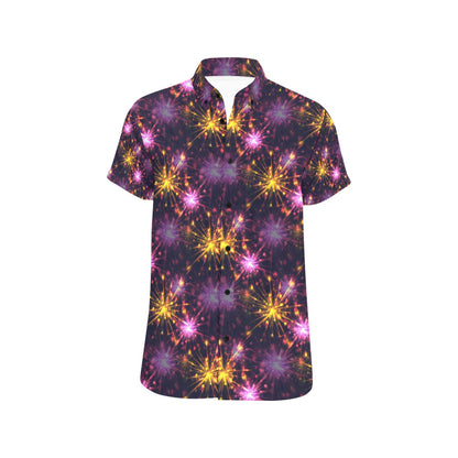 Firework Print Design LKS303 Men Short Sleeve Button Up Shirt