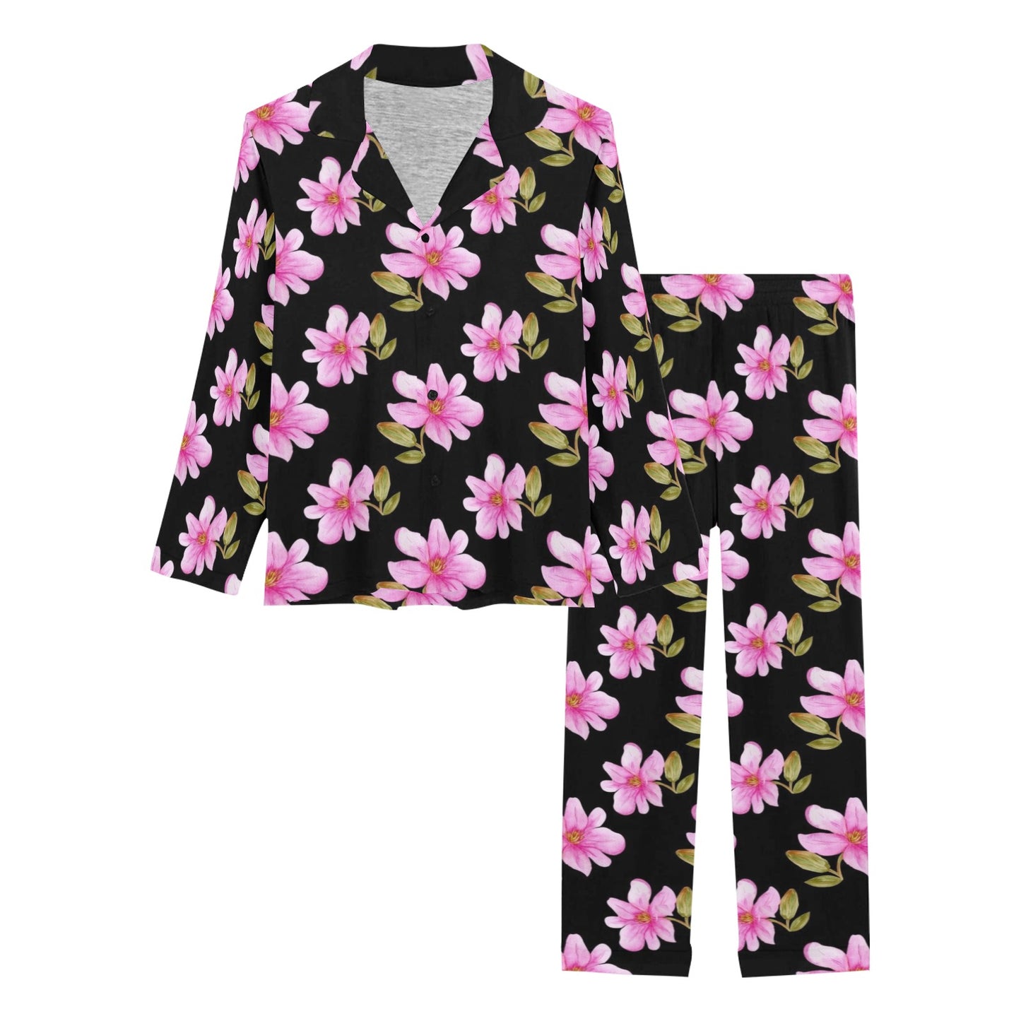 Magnolia Pattern Print Design MAG06 Women's Long Pajama Set