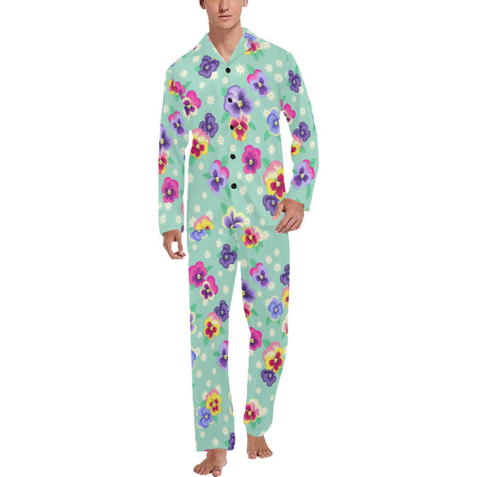 Pansy Pattern Print Design PS08 Men's Long Pajama Set