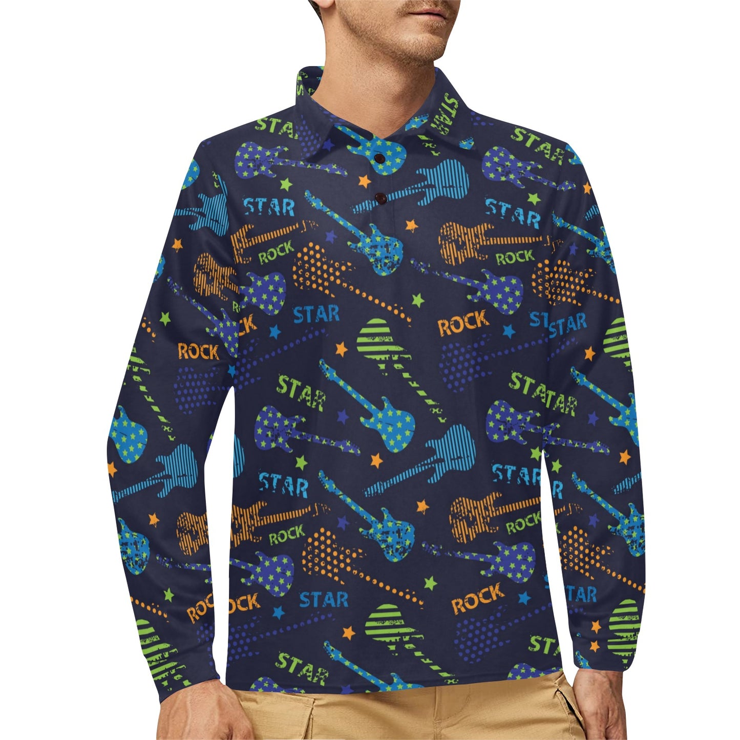 Rock and Roll Pattern Print Design A04 Long Sleeve Polo Shirt For Men's