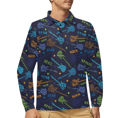 Rock and Roll Pattern Print Design A04 Long Sleeve Polo Shirt For Men's