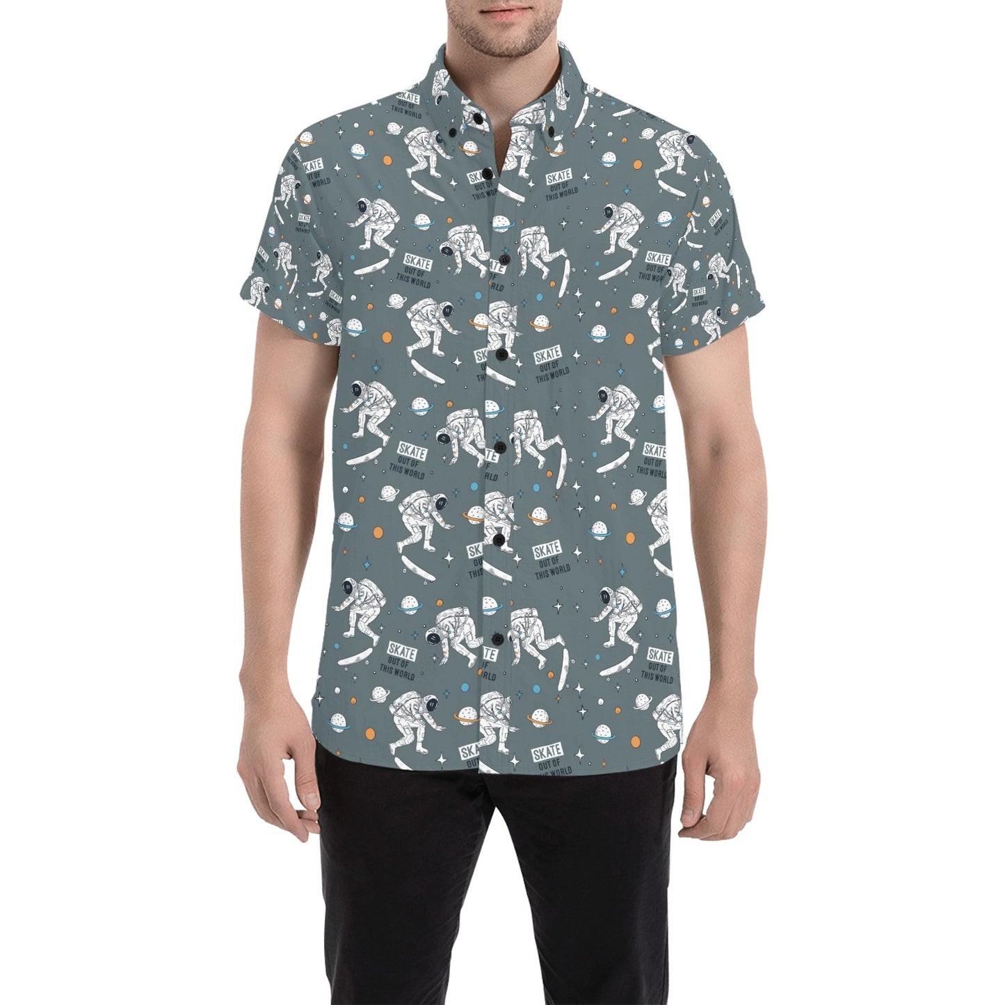 Skateboard Print Design LKS306 Men Short Sleeve Button Up Shirt