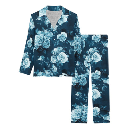 Rose Blue Pattern Print Design RO014 Women's Long Pajama Set