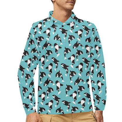 Whale Action Design Themed Print Long Sleeve Polo Shirt For Men's