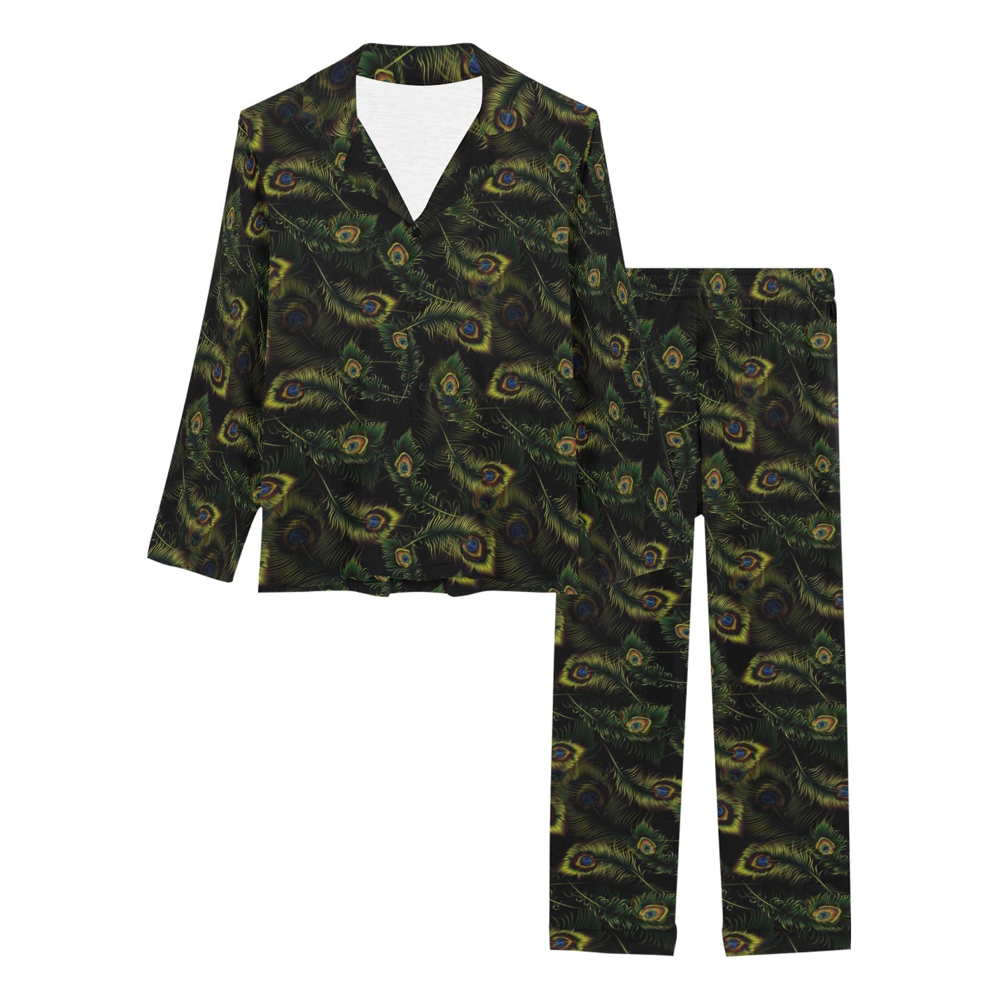 Peacock Feather Pattern Design Print Women's Long Pajama Set