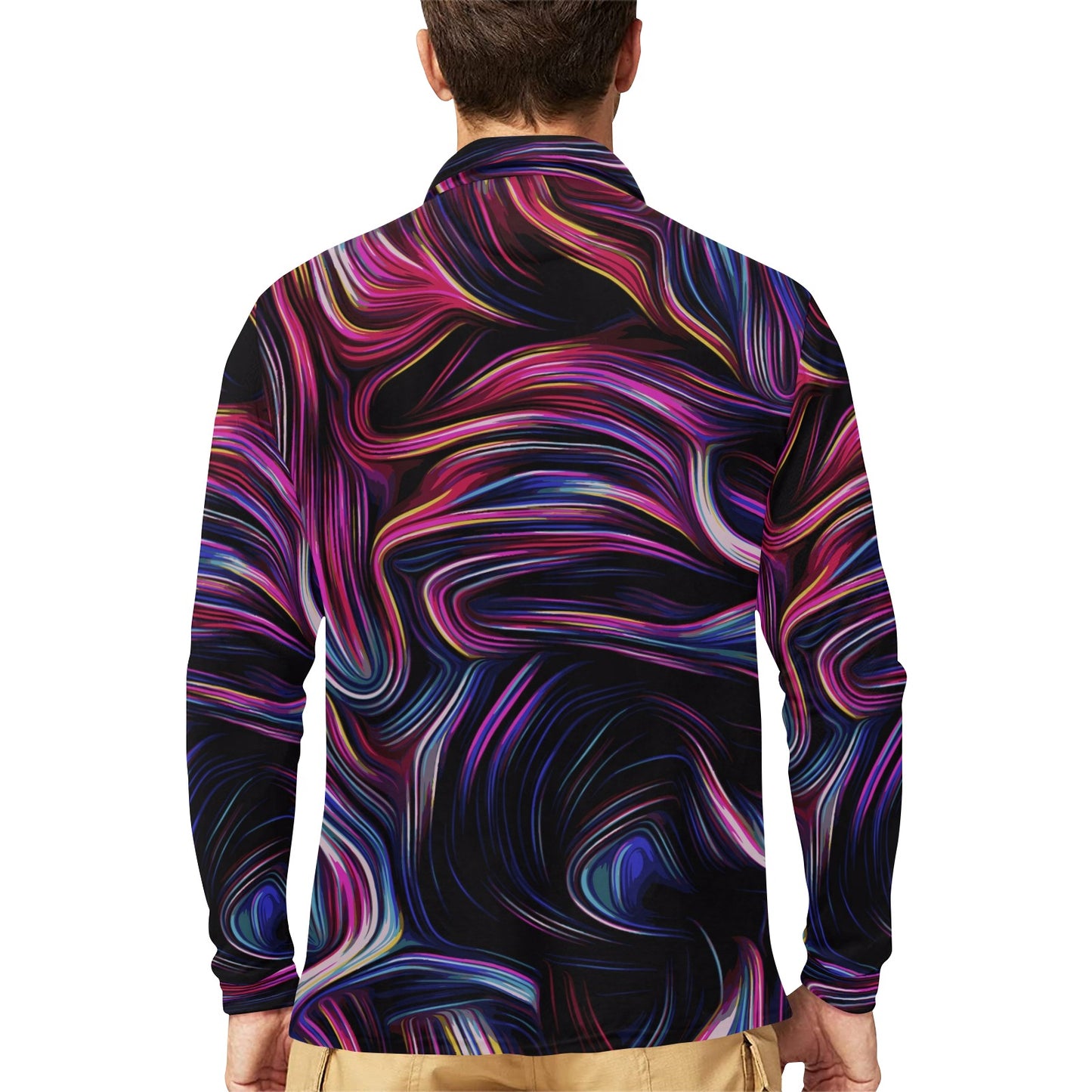 Liquid Pattern Print Design 01 Long Sleeve Polo Shirt For Men's