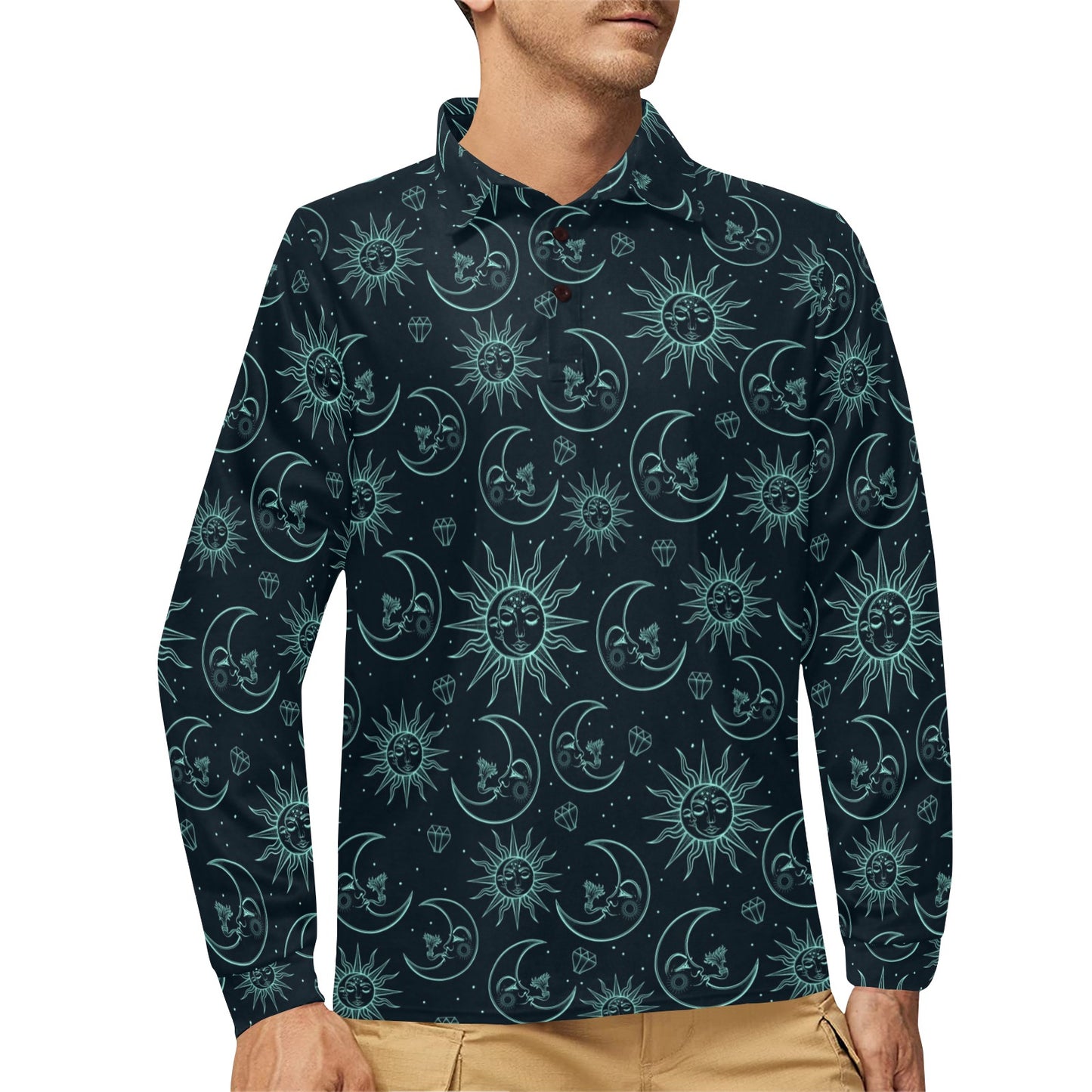 Sun Moon Magic Design Themed Print Long Sleeve Polo Shirt For Men's