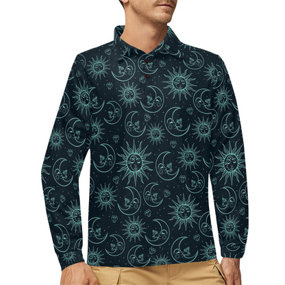 Sun Moon Magic Design Themed Print Long Sleeve Polo Shirt For Men's