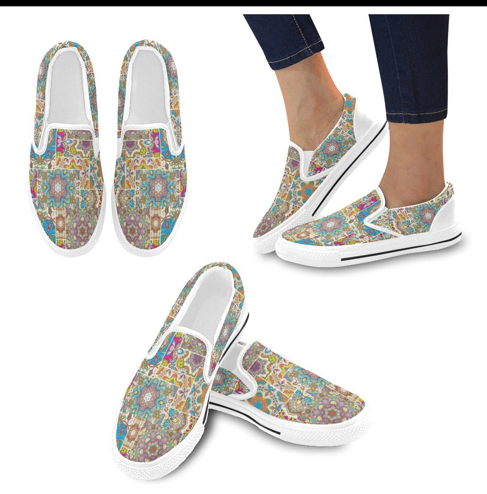 Patchwork Print Design LKS402 White Slip Ons Canvas Women's Shoes