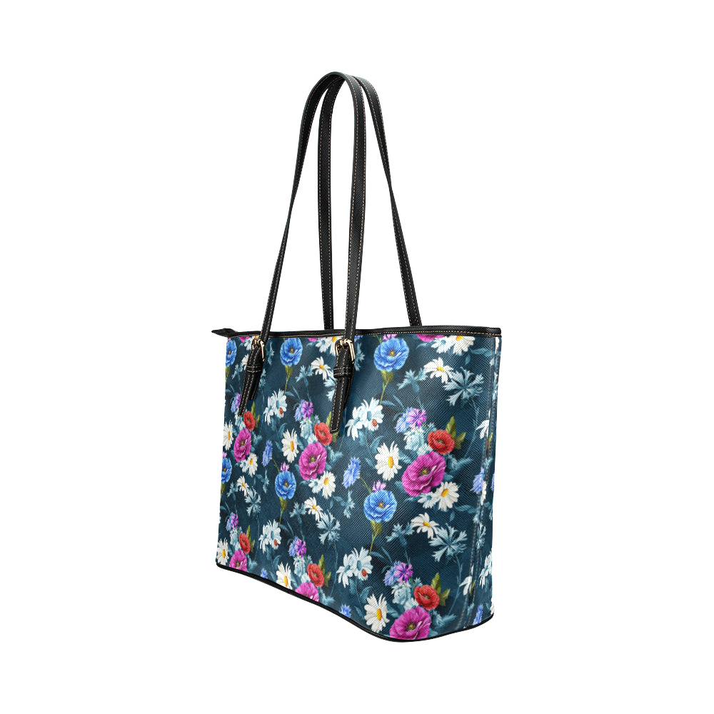 Floral Blue Themed Print Leather Tote Bag