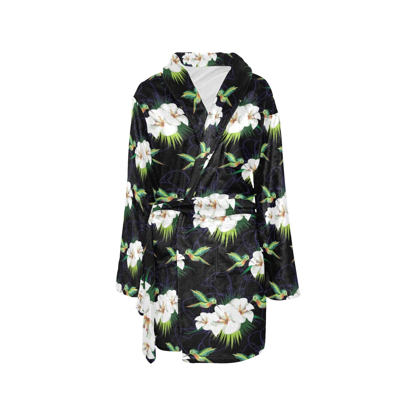 Hummingbird with Flower Pattern Print Design 03 Women's Fleece Robe