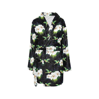 Hummingbird with Flower Pattern Print Design 03 Women's Fleece Robe