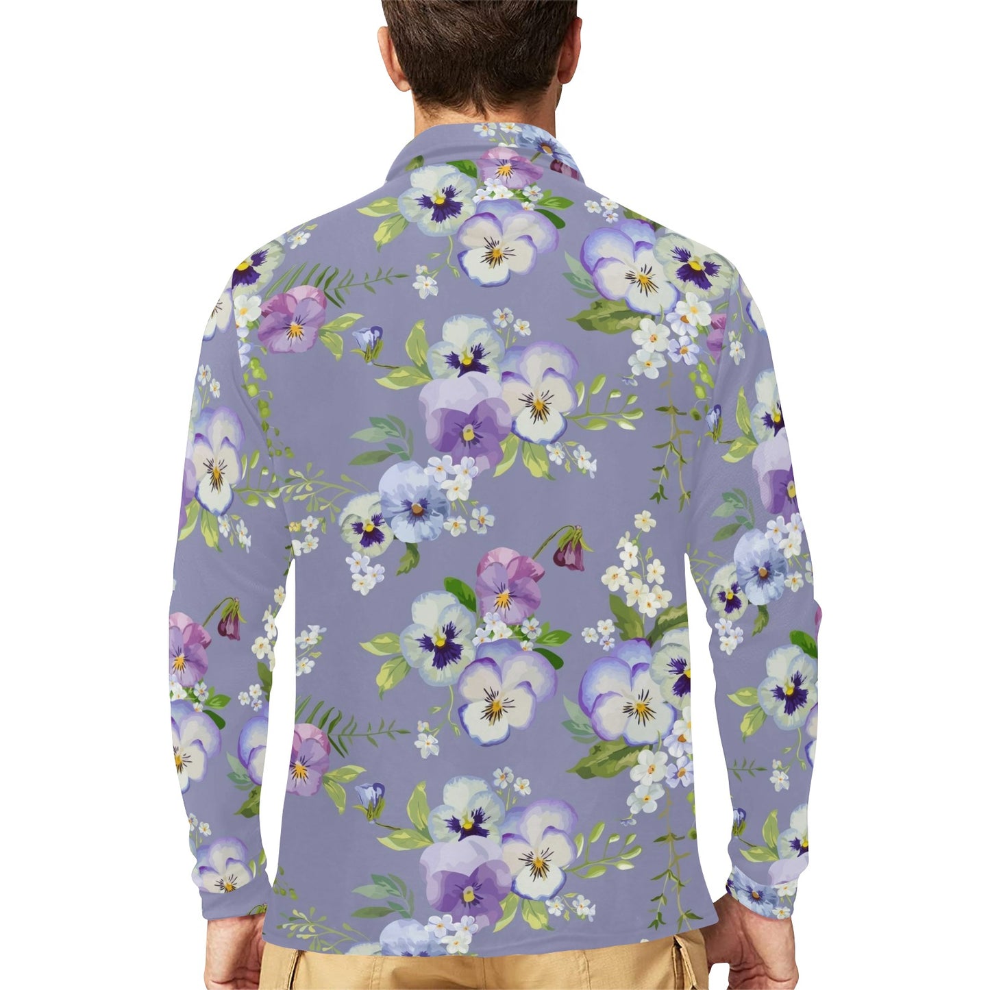 Pansy Pattern Print Design PS05 Long Sleeve Polo Shirt For Men's