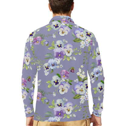 Pansy Pattern Print Design PS05 Long Sleeve Polo Shirt For Men's