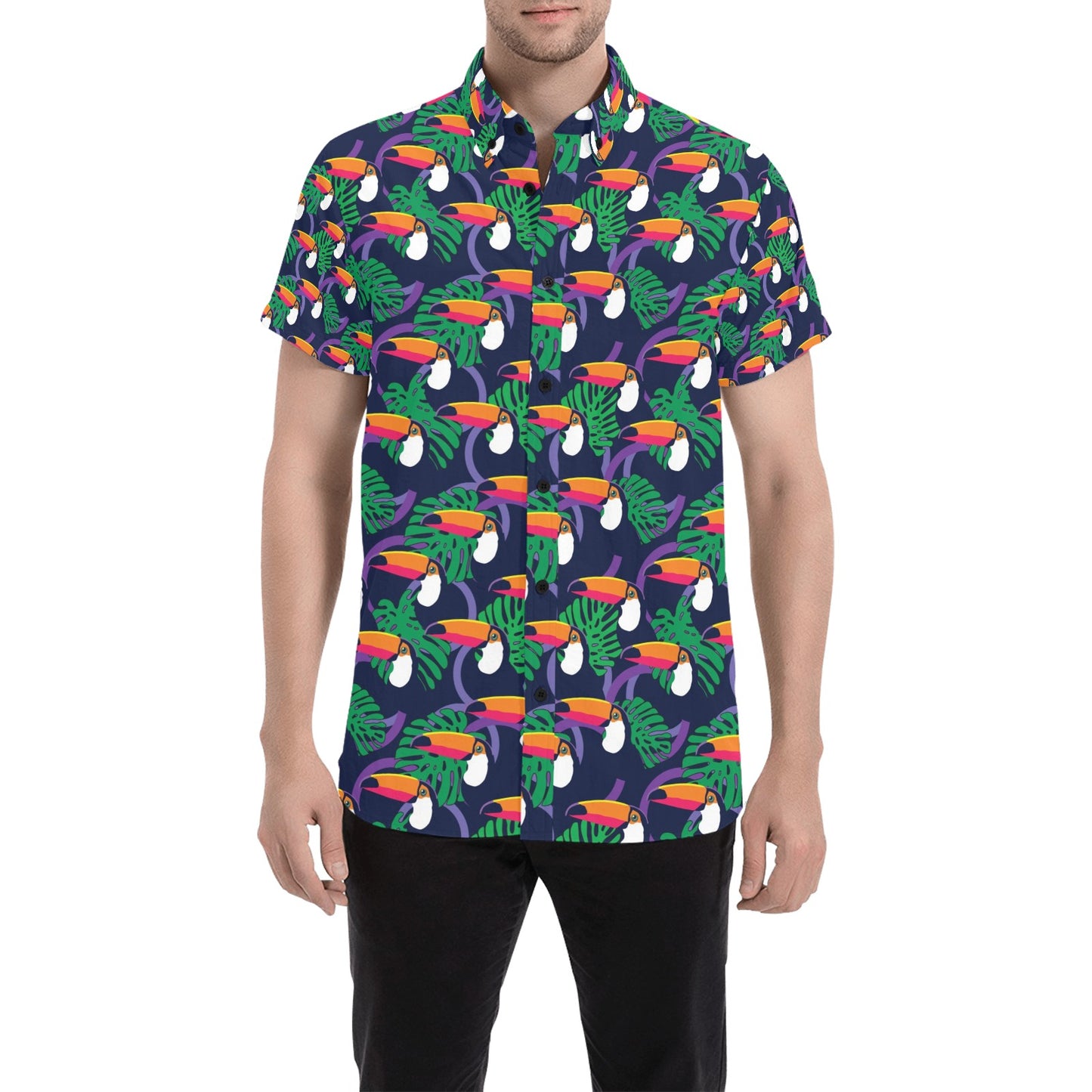 Toucan Print Design LKS302 Men Short Sleeve Button Up Shirt