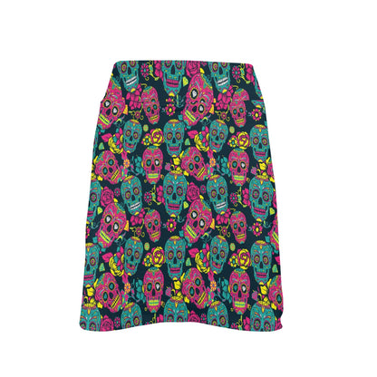 Sugar Skull Floral Design Themed Print 17" Golf & Pickleball Skort with Pockets