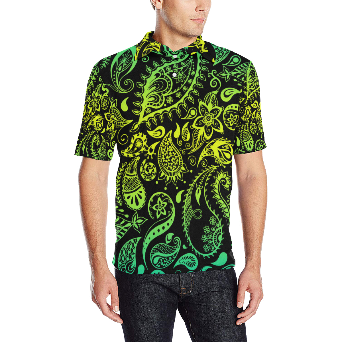 Paisley Green Design Print Men Polo Shirt