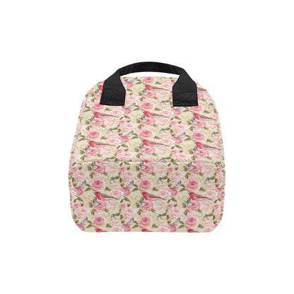 Bird Butterfly Pink Flower Print Pattern Insulated Lunch Bag
