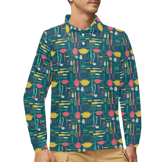 Cooking Kitchen Tools Pattern Print Design 01 Long Sleeve Polo Shirt For Men's