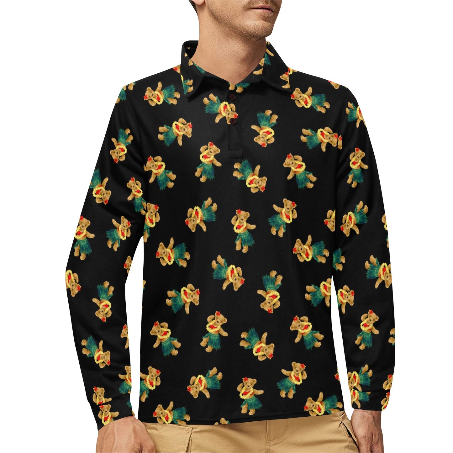 Hula Bear Pattern Print Design 06 Long Sleeve Polo Shirt For Men's