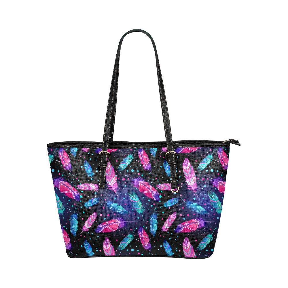 Feather Colorful Boho Design Print Leather Tote Bag