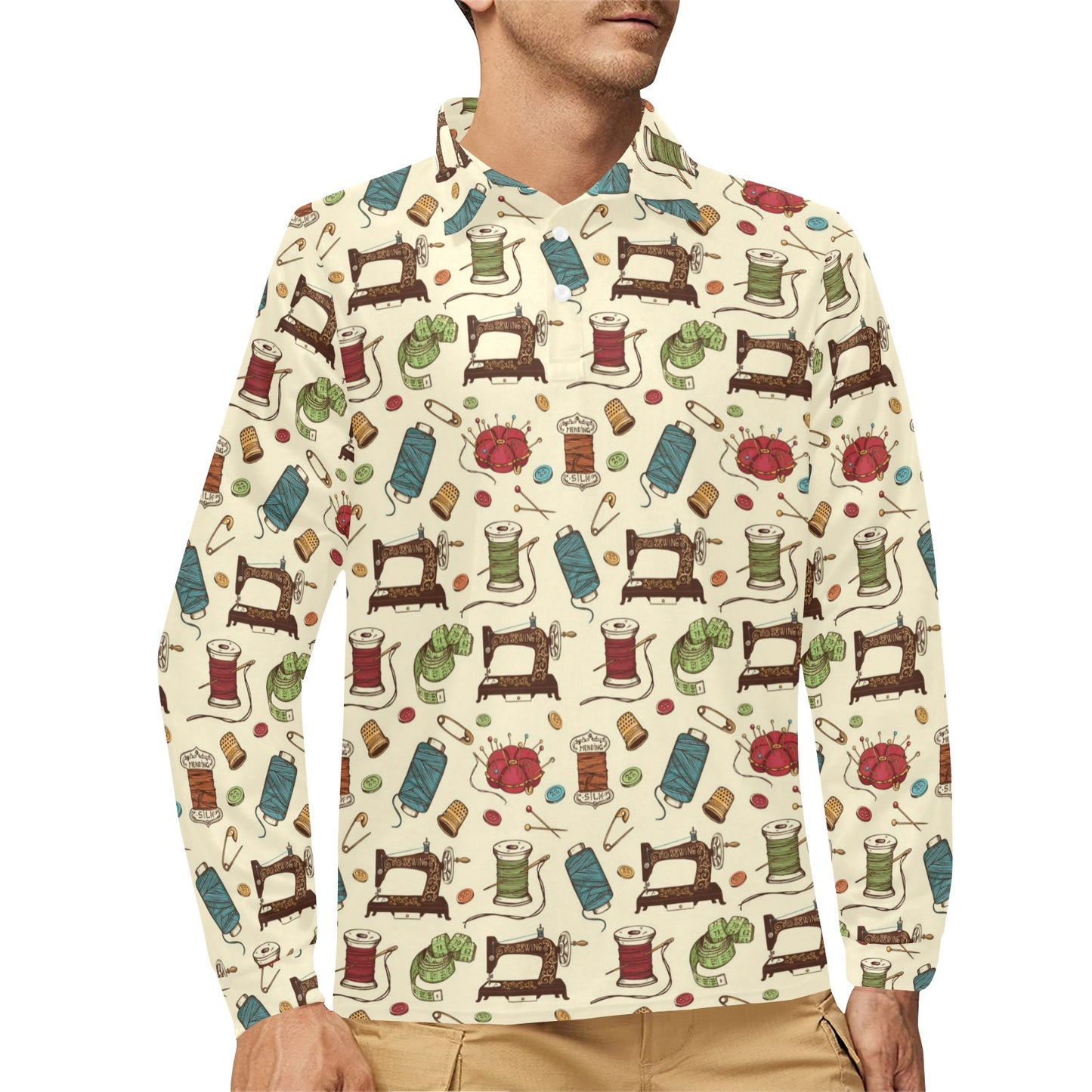 Sewing Equipment Print Design LKS303 Long Sleeve Polo Shirt For Men's