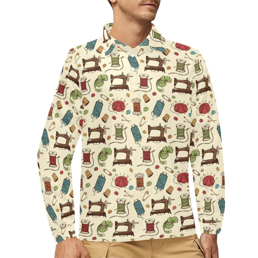 Sewing Equipment Print Design LKS303 Long Sleeve Polo Shirt For Men's