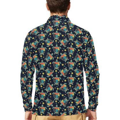 Sea Turtle Colorful with bubble Print Long Sleeve Polo Shirt For Men's