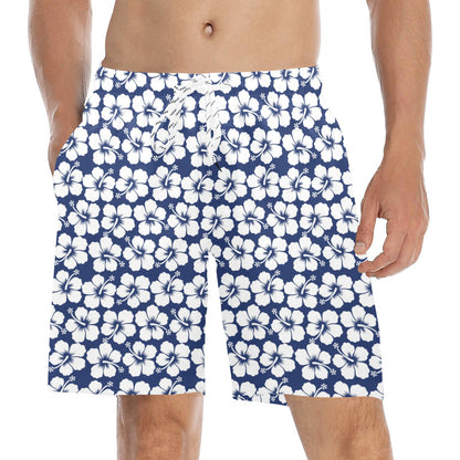 Hibiscus Blue Hawaiian Flower Pattern Men's Swim Trunks Beach Shorts