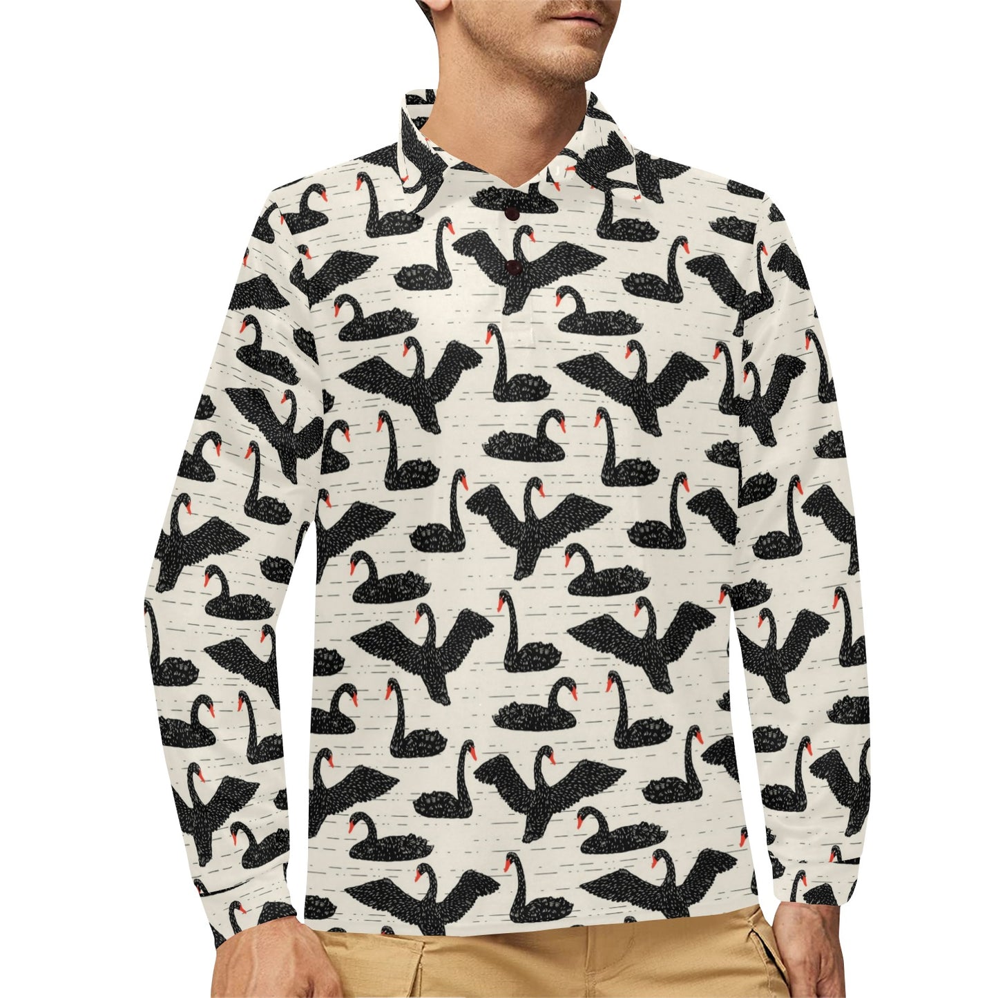 Swan Print Design LKS402 Long Sleeve Polo Shirt For Men's