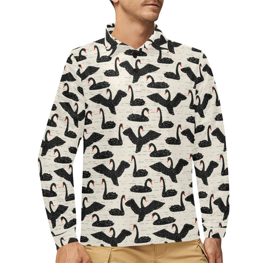 Swan Print Design LKS402 Long Sleeve Polo Shirt For Men's