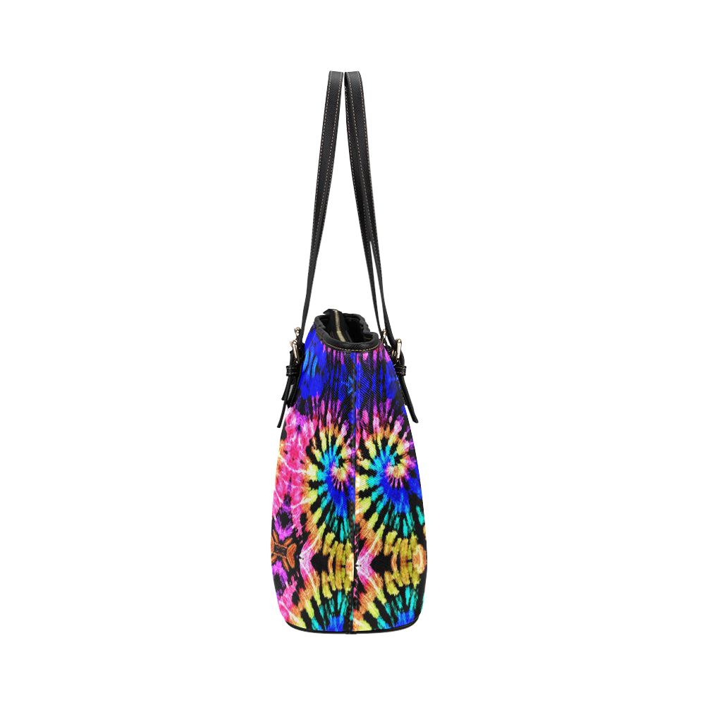 Tie Dye Rainbow Design Print Leather Tote Bag