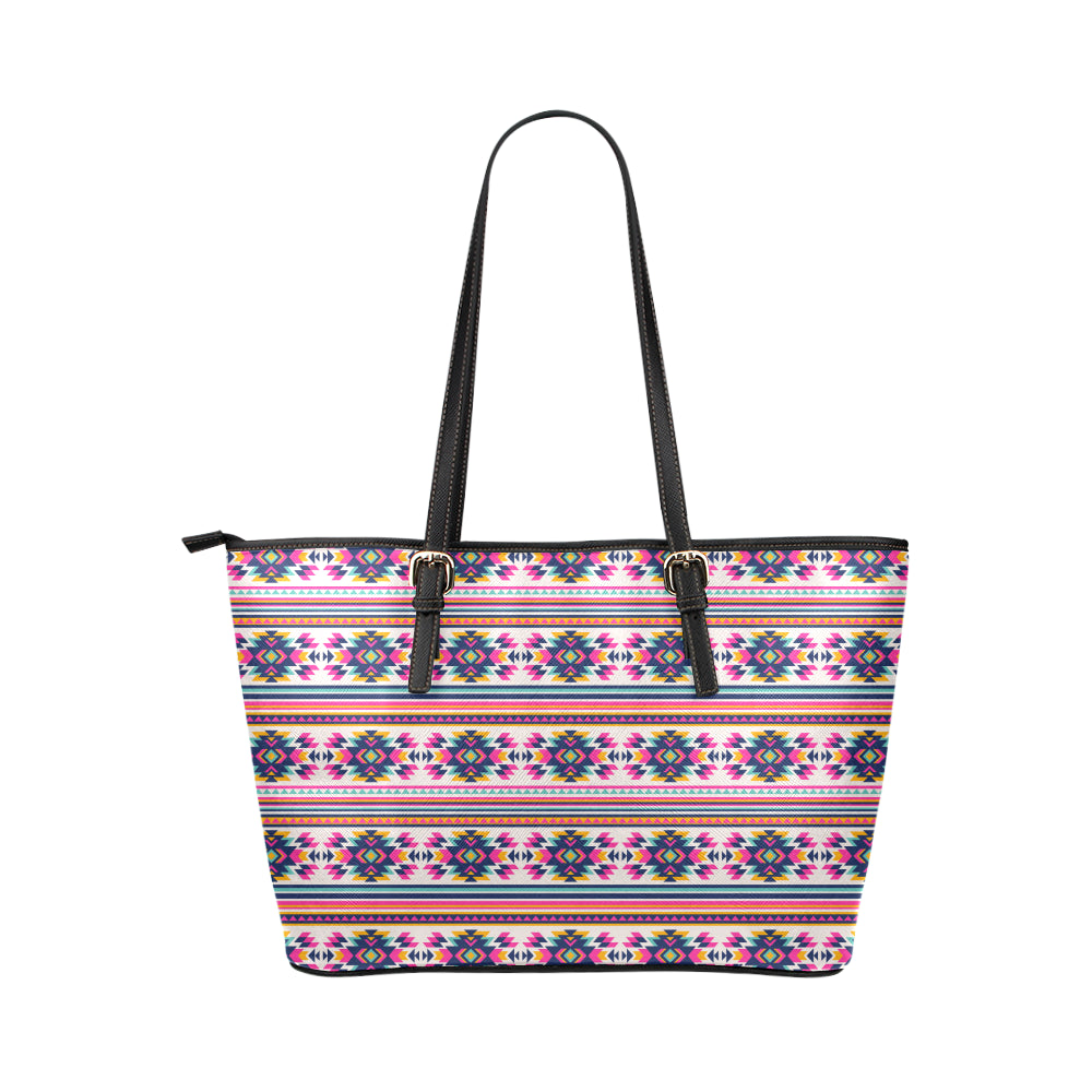 Indian Navajo Neon Themed Design Print Leather Tote Bag