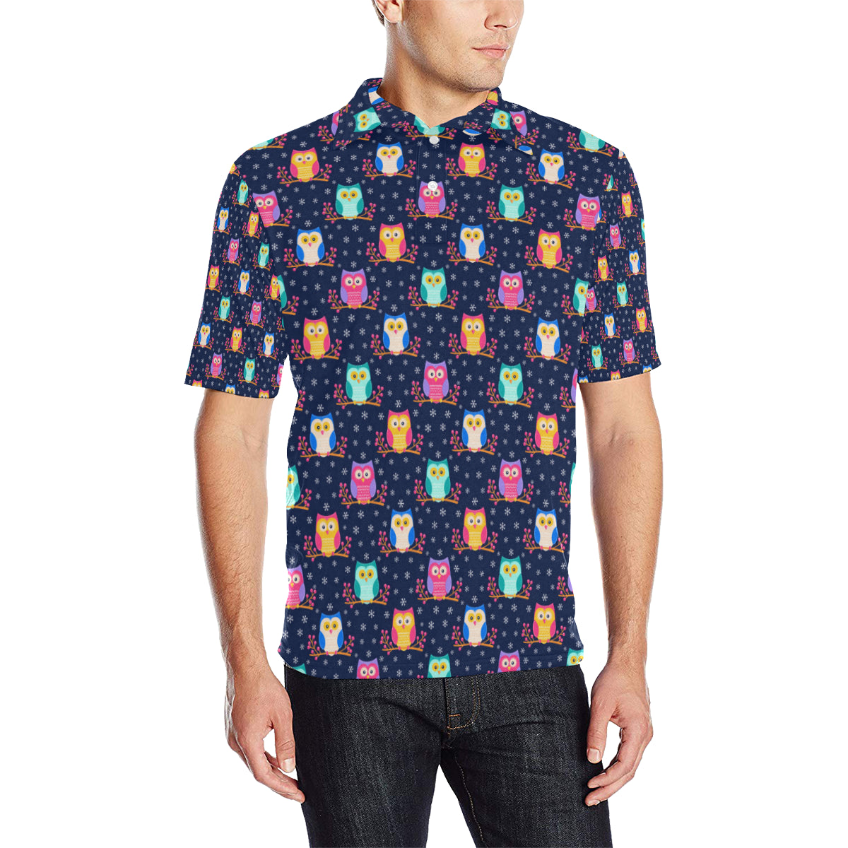 Owl Cute Themed Design Print Men Polo Shirt