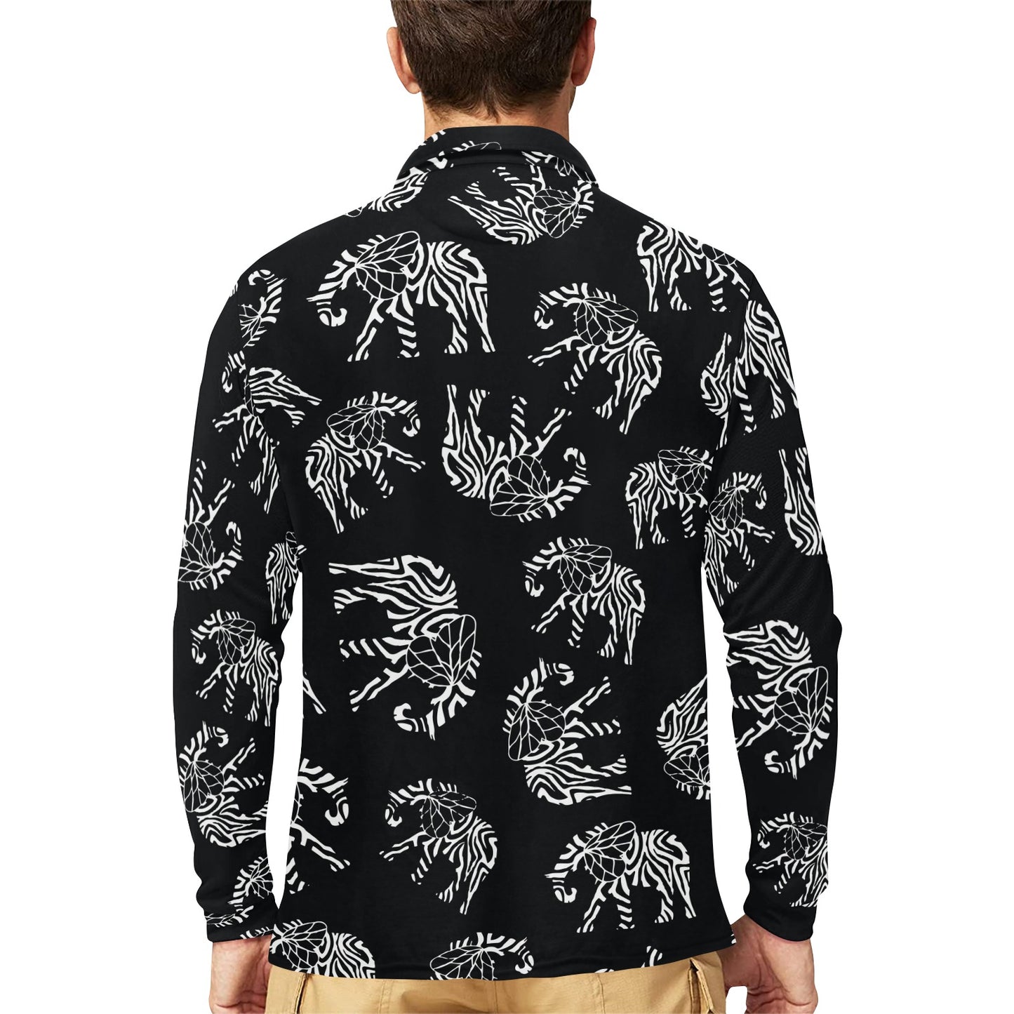 Elephant Tribal Long Sleeve Polo Shirt For Men's