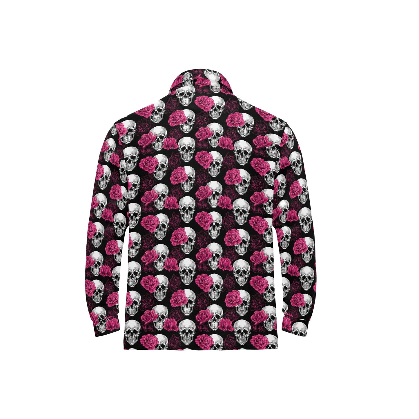 Pink Rose Skull Themed Print Long Sleeve Polo Shirt For Men's