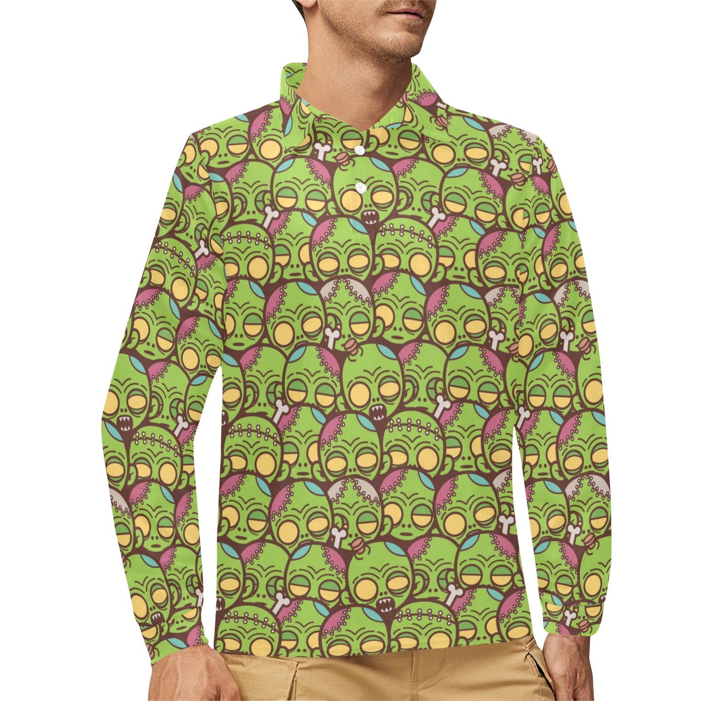 Zombie Head Design Pattern Print Long Sleeve Polo Shirt For Men's
