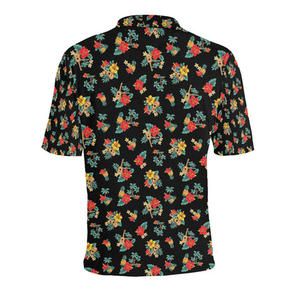 Hawaiian Flower Themed Print Men Polo Shirt