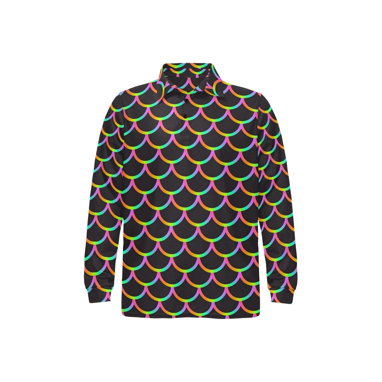 Mermaid Tail Rainbow Design Print Long Sleeve Polo Shirt For Men's