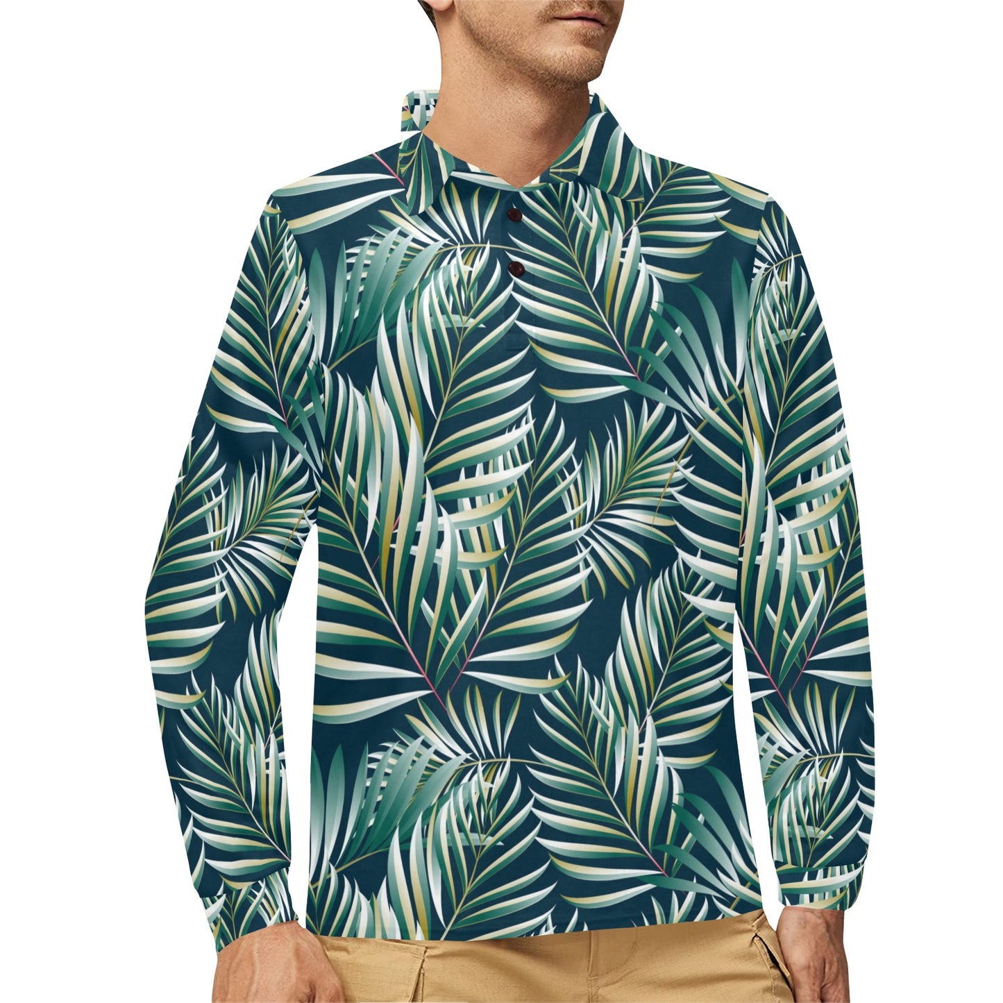 Sun Spot Tropical Palm Leaves hower Curtain Long Sleeve Polo Shirt For Men's