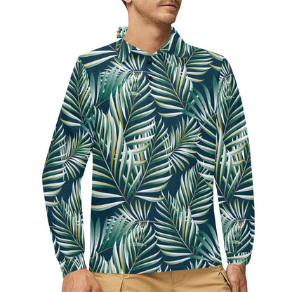 Sun Spot Tropical Palm Leaves hower Curtain Long Sleeve Polo Shirt For Men's