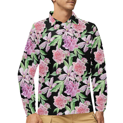 Peony Pattern Print Design PE08 Long Sleeve Polo Shirt For Men's