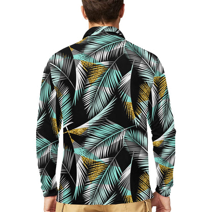 Gold Glitter Cyan Tropical Palm Leaves Long Sleeve Polo Shirt For Men's