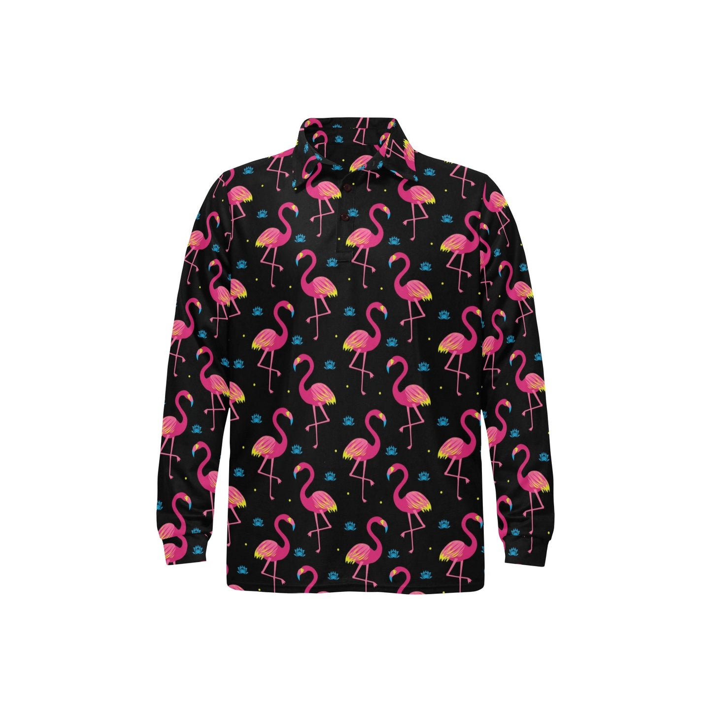 Flamingo Pink Neon Print Pattern Long Sleeve Polo Shirt For Men's